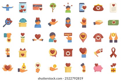 Conjunto de iconos planos que representan caridad, donación, voluntariado y filantropía