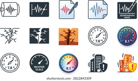 Set of flat icons representing earthquake and seismology concepts.