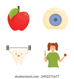 Set of flat icons representing healthy eating, eye health, exercise, and dental hygiene