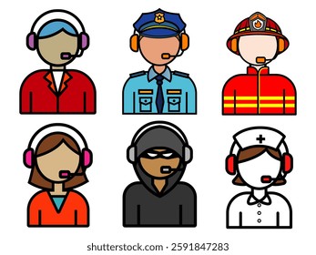 Set of flat icons representing various emergency and service call center operators, including firefighter, police, nurse, and customer support roles