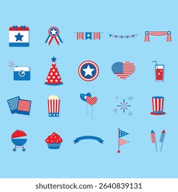 Set of flat icons representing various symbols associated with an American celebration, predominantly featuring red, white, and blue colors. 