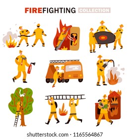 Set Of Flat Icons Rescue Service During Fire Fighting And Removing Cat From Tree Isolated Vector Illustration   