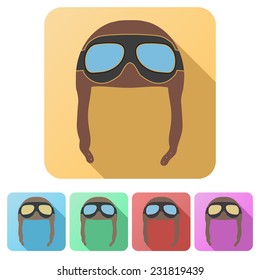 Set Flat icons of Retro aviator pilot leather helmet with goggles. Vintage object. Vector Illustration. Isolated on white