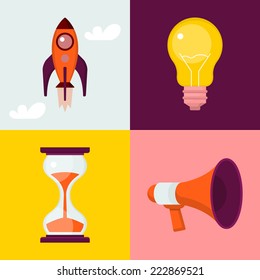 Set of flat icons : rocket, light bulb, sand clock, megaphone.