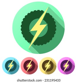 Set Flat icons of round wheel with lightning. Eco electric transport theme. Car and automobile industry. Vector Illustration isolated on white background.