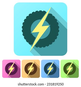 Set Flat icons of round wheel with lightning. Eco electric transport theme. Car and automobile industry. Vector Illustration isolated on white background.