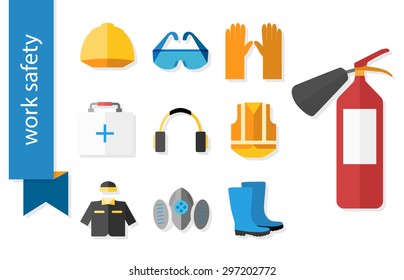 Set of flat icons for safety work. Vector illustration.