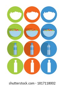 Juego de iconos planos de la ensalada y la botella de agua