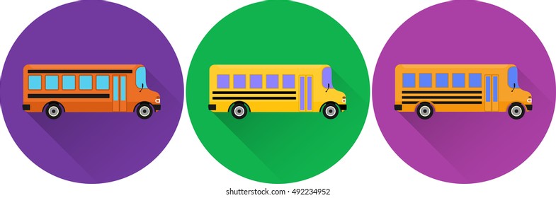 Set of flat icons school buses with long shadow on colorful backgrounds. Vector illustration.