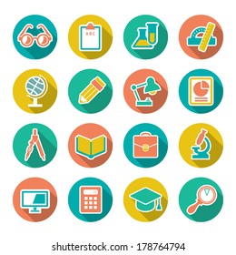 Set flat icons of school and education with long shadow isolated on white. Vector illustration