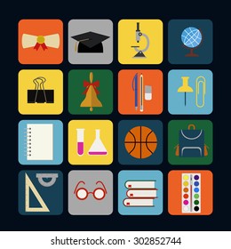 Set of flat icons of school supplies on multicolored squares.