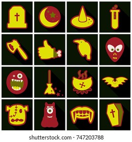 Set of Flat Icons with shadow Happy Halloween design elements