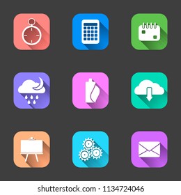 Set of flat icons with a shadow on multi-colored backgrounds