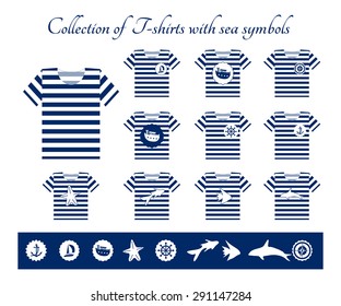 Set of flat icons shirts with sea symbols on the white background. Vector 