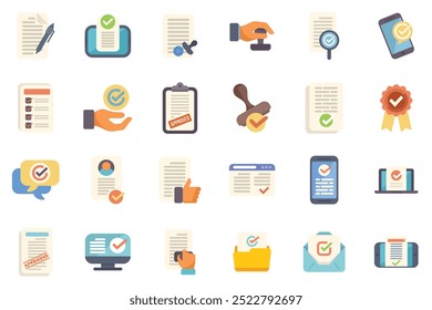 Set of flat icons showing approved or certified documents, agreements, contracts, forms and more