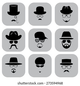 A set of flat icons. Silhouette of a man wearing a hat, with glasses, with a beard and mustache. Vektor illustration.