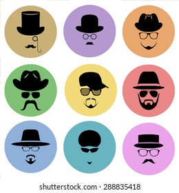 A set of flat icons. Silhouette of a man wearing a hat, with glasses, with a beard and mustache. Vector illustration.