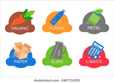 Set of flat icons for sorting garbage, types of garbage