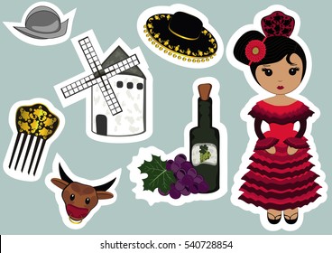 Set of flat icons with Spanish girl  dressed in traditional costume, conquistador helmet, hat, windmill, wine with grapes, Bull, Spanish comb. Vector illustrations.