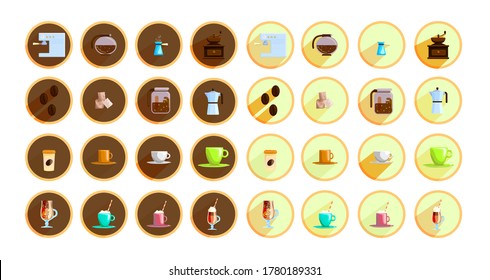 Juego de iconos planos y pegatinas para cafés .