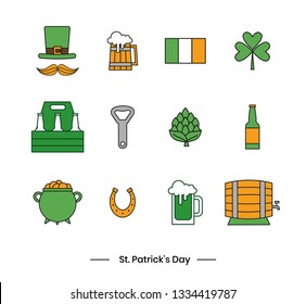 Set of flat icons for St.Patrick's Day irish holiday. Contains such icons as green beer mug, hop, hat, pot of gold, mustache, flag, clover, horseshoe and more. - Vector