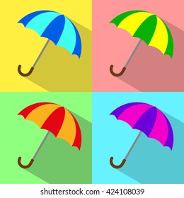Set of flat icons with striped colored umbrellas