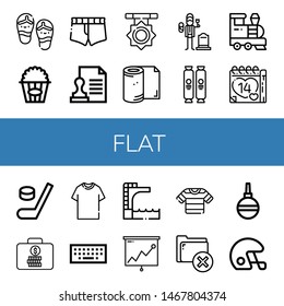 Set of flat icons such as Flip flops, Popcorn, Short, Stamp, Medal, Toilet paper, Widower, Chocolate, Train, Valentines day, Hockey, Suitcase, Tshirt, Keyboard, Trampoline , flat