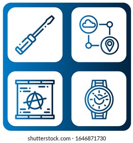 Set of flat icons. Such as Screwdriver, Gps, Berlin wall, Wristwatch , flat icons