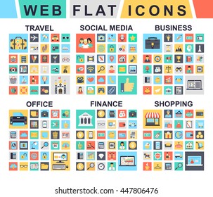 Set flat icons - summer holiday, traveling, social media and network, business strategy, start up, office things and equipment, finance, banking, shopping, electronic commerce. Vector EPS10.							
