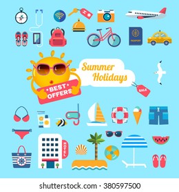 set of flat icons for summer holidays