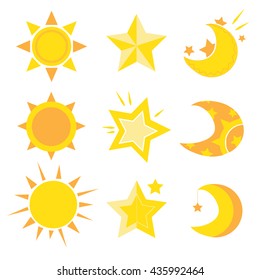 set of flat icons of the sun , moon and stars . vector isolated