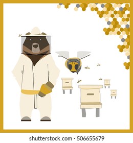 Set of flat icons with sweet bear, bee,honeycombs, honey
