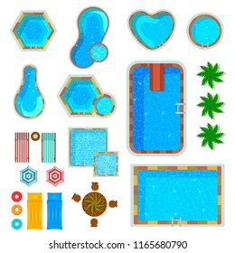 Set of flat icons swimming pools top view with palm trees loungers air mattresses isolated vector illustration 