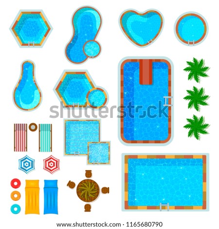 Set of flat icons swimming pools top view with palm trees loungers air mattresses isolated vector illustration 