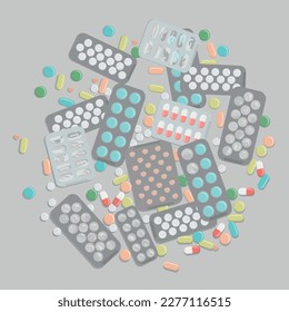 Un conjunto de iconos planos de comprimidos, cápsulas, placas y blisters aislados sobre un fondo gris. Medicamentos de diversas formas, tamaños, colores. Ilustración vectorial de la medicina. Hospital, prescripción 
