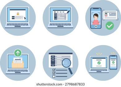 A set of flat icons that visualizes the online application and review process.