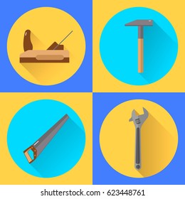 set of flat icons, tools, hammer, plane, saw, wrench