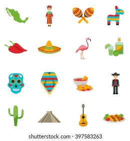 Set of flat icons with traditional food costumes animals and sightseeings of Mexico vector illustration