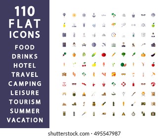 Set of flat icons. Traveling, camping, hotel and more. Icons for web and mobile application. Vector illustration on a white background. Flat design style.