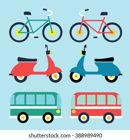 Set of flat icons, types of public transport for use in info graphics and interface, illustration vector. Travelling concept