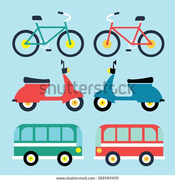 Set of flat icons, types of public transport for\
use in info graphics and interface, illustration vector. Travelling\
concept