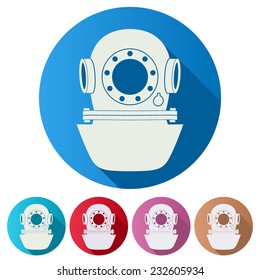 Set Flat icons of Underwater diving scuba helmet. Water leisure, old style. Vector Illustration. Isolated on white background