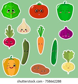 Conjunto de iconos planos de calcomanías de sonrisas vegetales sobre un fondo verde.
