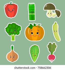 Set of flat icons of vegetable smiles stickers on a green background.