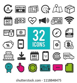 Set flat icons, for web, internet, mobile apps, interface design - business, finance, transportation, travel, shopping, communication, medical, media, marketing, computer on white background