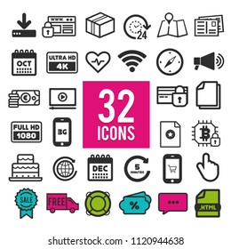 Set flat icons, for web, internet, mobile apps, interface design - communication, travel, shopping, business, finance, transportation, medical, computer, media, marketing on white background