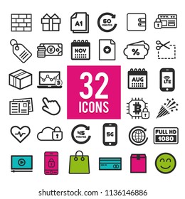 Set of flat icons, for web, internet, mobile apps, interface design - communication, travel, shopping, business, finance, transportation, medical, computer, media, marketing on white background