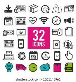 Set of flat icons for web, mobile apps and interface design: business, travel, finance, shopping, communication, media, fitness, summer, computer, transportation, easter, christmas, device