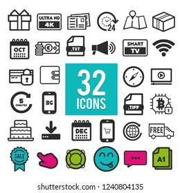 Set of flat icons for web, mobile apps and interface design: shopping, business, communication, media, transportation, travel, finance, fitness, summer, computer, easter, christmas, device
