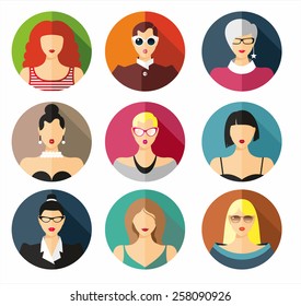 Set of flat icons with women. Vector background.